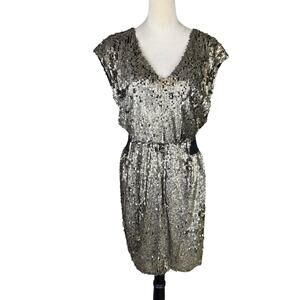 Aryn K. Dull Gold & Black Sequin Cap Sleeve V-neck Mini Party Cocktail Dress